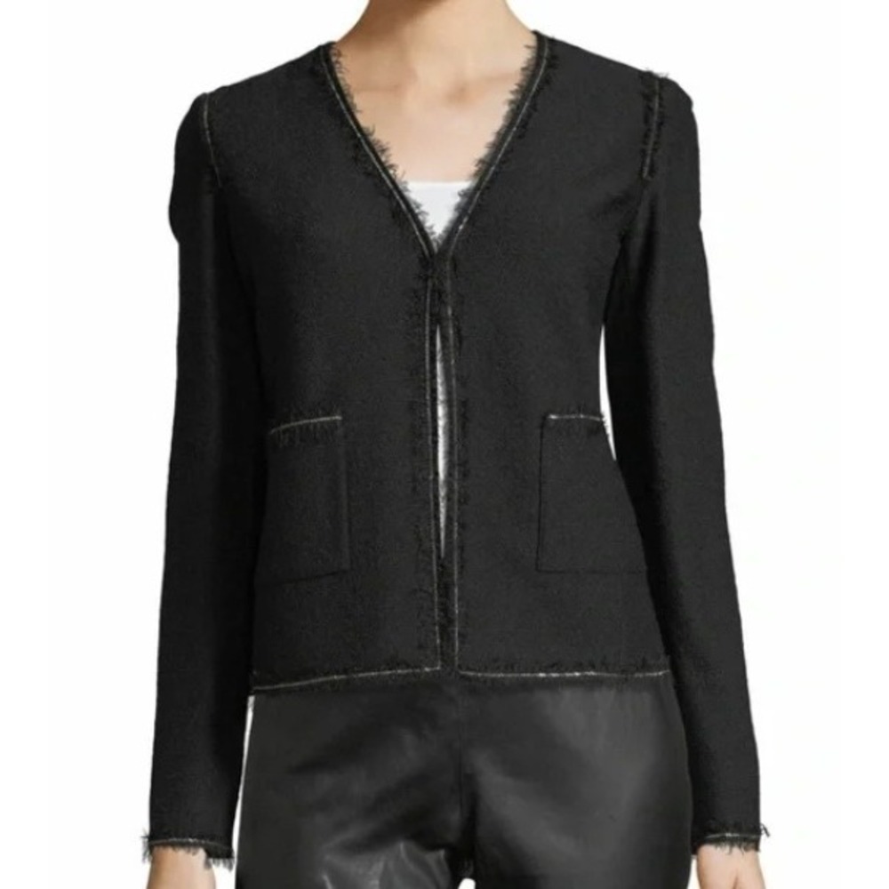 St. John Black Wool Blend Open Front Knit Blazer Jacket Fringed Trim Womens 6‎